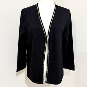 Ann Taylor Loft Black Cardigan Sweater Tan Trim 3/4 Sleeves